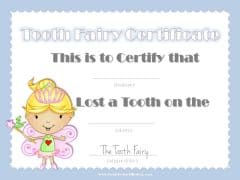 Tooth fairy certificate with blue border and picture of the tooth fairy